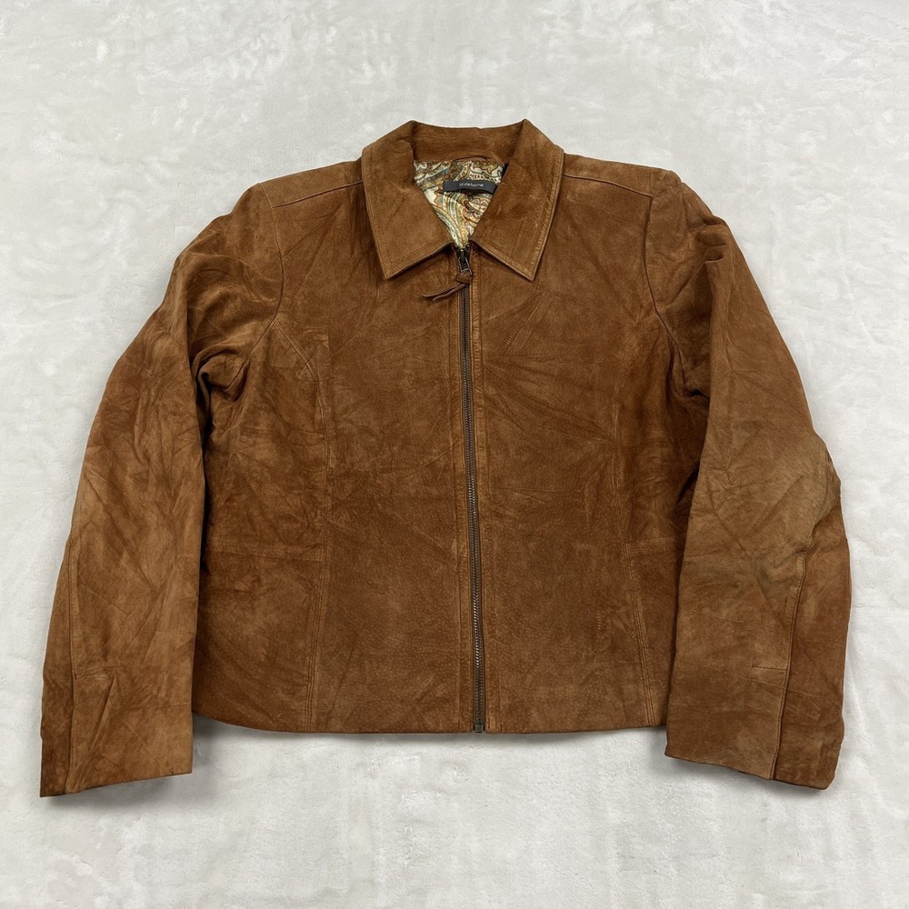 Liz Claiborne Suede Jacket Petite 14 Brown Paisley Lined Zip Front Coat
